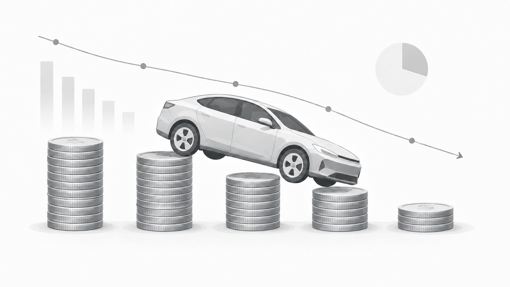 Depreciação veicular representada por carro e moedas